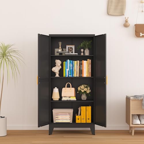 GAIOUS Metal Storage Cabinet With 2 Doors and 3 Adjustable Shelves, Black Kitchen Pantry for Food, Utility Cabinet for Laundry Room, Cupboard GAIOUS