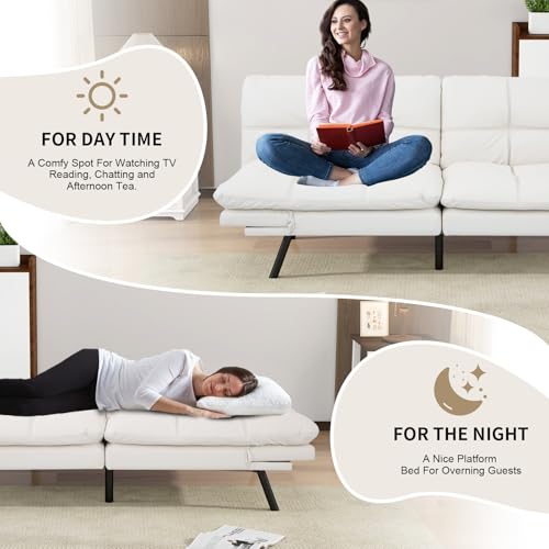 Opoiar 71-Inch Futon Sofa Bed, Convertible Guest Bed & Loveseat | Cozy Faux Leather with Adjustable Positions for Welcoming Living Rooms - White Opoiar
