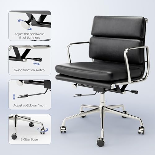 Aekinsly Top Grain Leather Mid-Back Executive Office Chair, Ergonomic Desk Chair with Aluminum Alloy Frame & 5-Star Base, Thick Plush Cushion, Lumbar Support Swivel Chair for Home Office Aekinsly