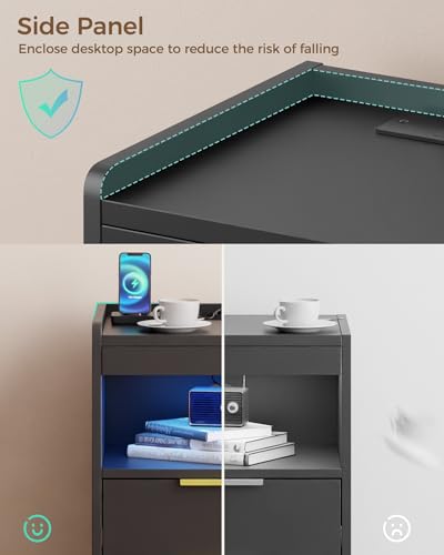 Mondeer Night Stand with Hidden Compartment, Black LED Nightstand with USB/Type-C Charging Station, Modern Bedside Table with 3 Drawers, for Bedroom Office,13.8" D x 15.7" W x 23.6" H Mondeer