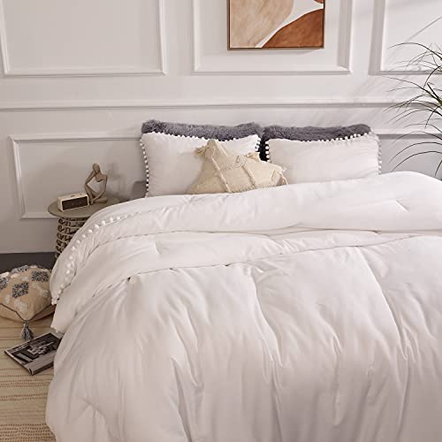 YIRDDEO Queen Comforter Set - Comforter Queen Size Sets with Ball Pom Fringe, Soft Bedding Set for All Seasons - 3 Pieces, 1 Comforter (90"x90") & 2 Pillow Shams (20"x26"), White YIRDDEO