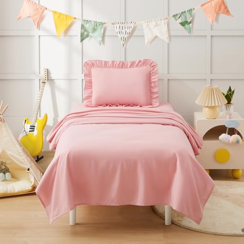 KKJIAF 3 Piece Toddler Sheet Set Microfiber, Includes a Flat Sheet, a Fitted Sheet and a Ruffle Pillowcase, Light Pink KKJIAF