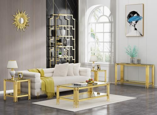 Goujxcy Gold Coffee Table Set of 4 Luxury 2-Tier Black Glass Coffee Table Console Table & 2 End Table w/Mirrored Stainless Steel Frame 4 Pieces Living Room Table Set for Home Office Goujxcy