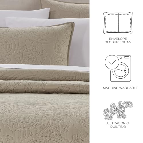 BOURINA Ultrasonic Quilt Set Bedspreads 3-Piece Bedding Set Pre-Washed Microfiber Ultra Soft Lightweight Flower Coverlet Set for All Season, King Beige BOURINA