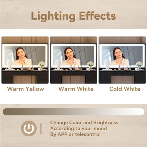 IRONCK Vanity Makeup Desk Set with LED Lighted Mirror & Power Outlet, 7 Drawers Bedroom Vanities Table with Stool,Black IRONCK