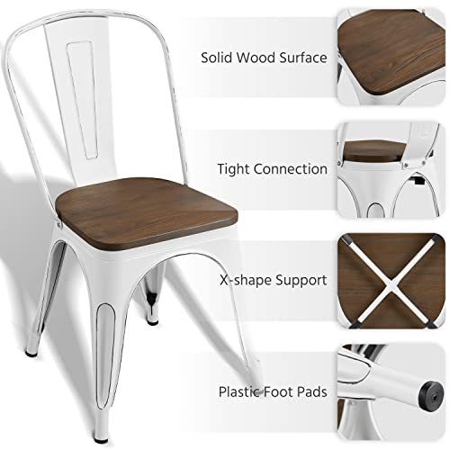 Yaheetech Set of 4 Metal Dining Chairs with Wood Seat Metal Side Chairs Kitchen Chairs with Back Bistro Café Trattoria Kitchen, Distressed White Yaheetech