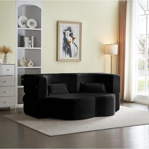 Teddy Fabric 3-in-1 Floor Sofa Bed with 2 Pillows, 15" Full Size Convertible Folding Foam Mattress Couch, No-Assembly Trifold Futon Guest Bed for Living Room, Dorm (Plush Corduroy, Black) Generic