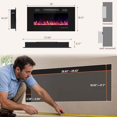 Ariiles 36 Inch Electric Fireplace Insert, Electric Fireplace Wall Mounted with Remote & Timer, Low Noise Heater Fireplaces for Living Room, Modern Recessed Fireplaces Decor Ariiles