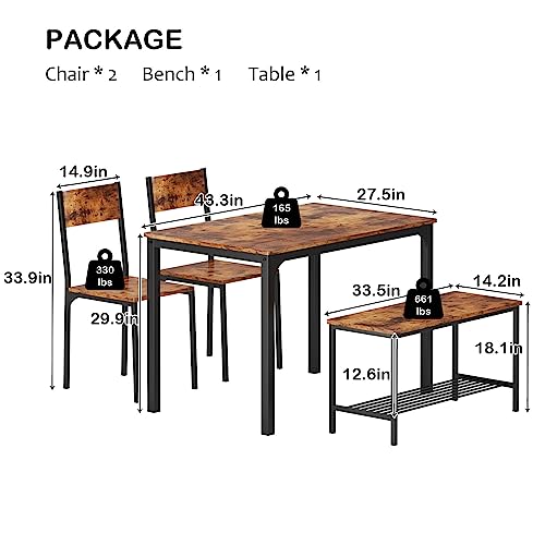 soges 4 Person Dining Table Set, 43.3inch Kitchen Table Set for 4, Dining Room 2 Chairs with Backrest, 2-Person Bench with Storage Rack, Vintage Brown soges