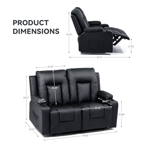 COMHOMA Leather Recliner Modern Loveseat Sofa, 2 Leather Recliner Chairs,Modern Small Sofa Couch,2 Seater PU Loveseat,Couches for Living Room with Drink Holders Living Room Chair Loveseat Sofa COMHOMA