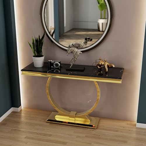 Asday Gold Console Table, 50 inch Glam Black and Gold Entryway Table with U-Shaped Base, Polished Gold Entrance Table with Black Top for Entryway, Hallway, Foyer Asday
