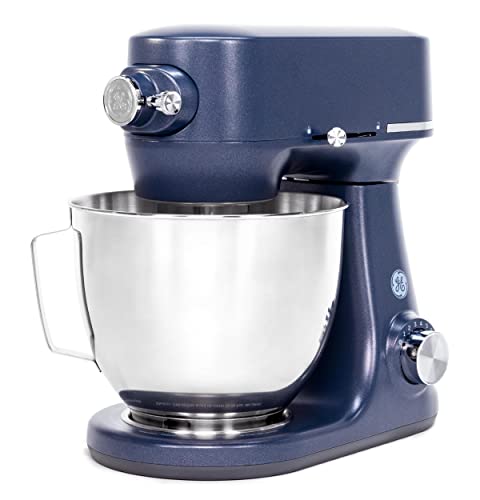 GE Tilt-Head Electric Stand Mixer | 7-Speed, 350-Watt Motor | Includes 5.3-Quart Bowl, Flat Beater, Dough Hook, Wire Whisk & Pouring Shield | Countertop Kitchen Essentials | Sapphire Blue GE