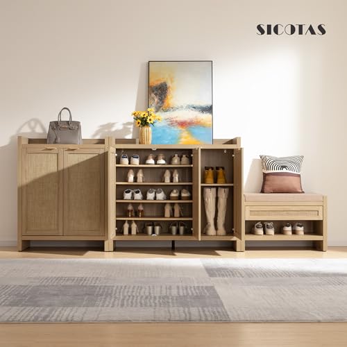 SICOTAS Shoe Storage Cabinet, 30 Pairs Rattan Shoe Cabinet Storage for Entryway, 6-Tier 41" Tall Large Shoe Cabinet, Boho Farmhouse Cabinet with Doors for Entryway Hallway Living Room, Light Oak SICOTAS