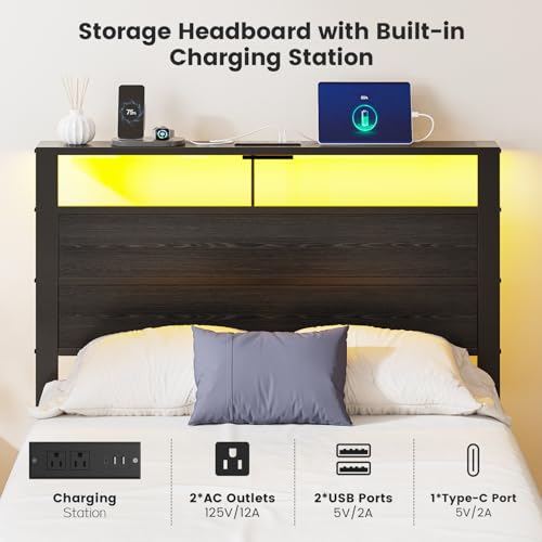 Kbun Twin Bed Frame with LED Lights & USB Charging Station, Black Metal Platform Bed with Storage Headboard, Under-Bed Space, Noise-Free & Sturdy, No Box Spring Needed, Easy Assembly Kbun