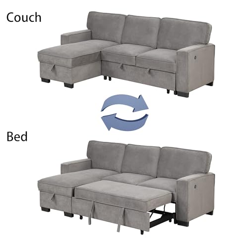 EBELLO Convertible Sleeper Sofa 3 in 1, Chenille Modern L-Shaped Couches for Living Room, Pull Out Sectional Futon Sofa Bed with Storage Space, USB Ports and Cup Holders for Bedroom, Grey EBELLO