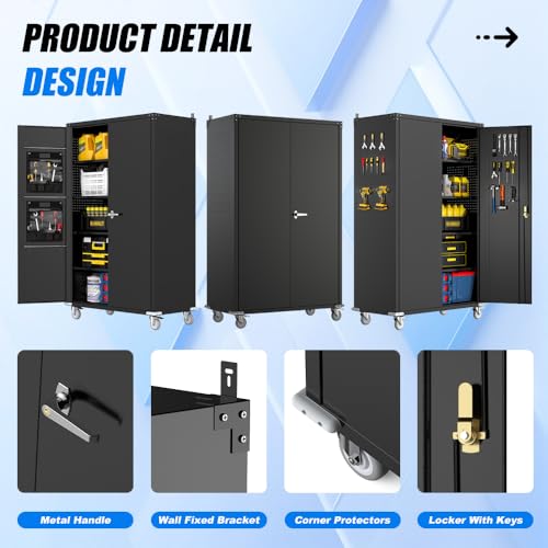 Yeeoy Wide & Deep Metal Garage Storage Cabinet with Pegboard & Adjustable Shelves, Lockable Storage Cabinet with Wheels, Tool Organization Cabinets for Office Garage Shop, 43''W x 22''D x 72''H Yeeoy