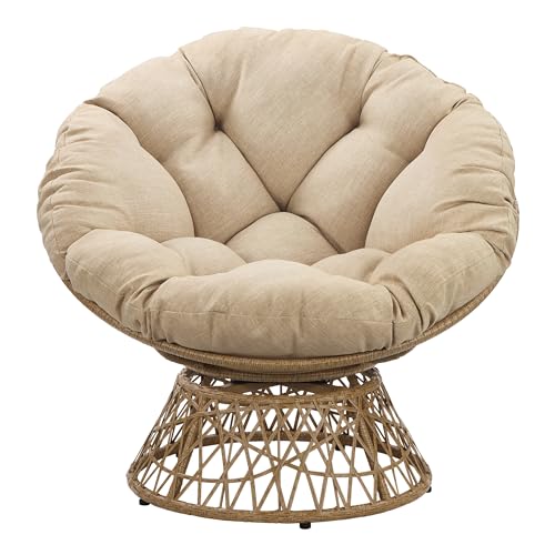 OSP Home Furnishings Wicker Papasan Chair with 360-Degree Swivel, Natural Frame with Cream Cushion OSP Home Furnishings