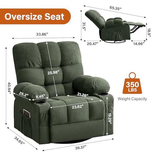 MAHOMICO Swivel Rocker Recliner Chair with Vibration Massage and Heat for Living Room with Rocking Function and Side Pocket,USB Charge Port๏ผ2 Cup Holders