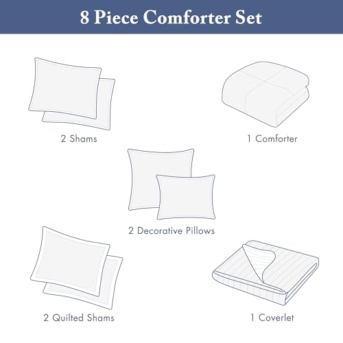 Madison Park Marina Comforter Quilt Combo Set - Modern Luxury Design, All Season Down Alternative Bedding, Matching Shams, Decorative Pillows, King/Cal King(104"x92") Seersucker Blue 8 Piece Madison Park
