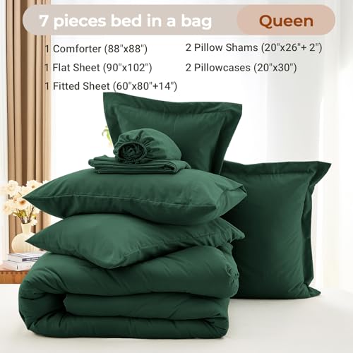 MUXHOMO 7 Pieces Queen Comforter Set, Soft Bed in a Bag Queen Size, All Season Bedding Set with Comforter, Flat Sheet, Fitted Sheet, Pillowcases & Shams, Dark Emerald Green