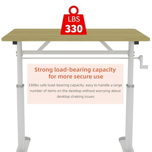 FRITHJILL Manual Height Adjustable Desk with Crank Handle, 23.62" to 35.43" Standing Desk with Round Corners, Wooden Desktop for Home Office Study Workspace Computer Table FRITHJILL