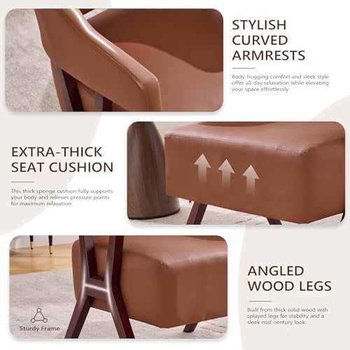 JIASTING Barrel Accent Chairs, Brown Leather Chairs with Solid Wood Frame, Mid-Century Modern Wooden Armchair with Wraparound Back, Comfy Office Reading Chair for Living Room, Bedroom (2, Brown) JIASTING