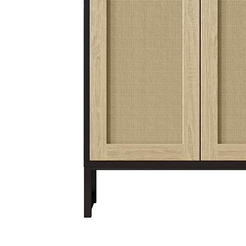 Panana Rattan Decorated 2 Doors Storage Cabinet Accent Cabinet Living Room Cupboard Kitchen Sideboard Buffet Table (Black Cabinet) Panana