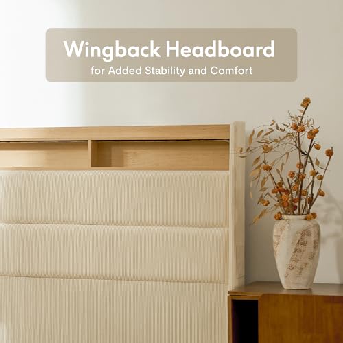 FLEXISPOT King Platform Bed Frame with 51" Tall Upholstered Corduroy Headboard, Two-Tier Storage Shelves, LED Light & Charging Station, Remote Pocket, No Box Spring Needed,1100Ibs Heavy-Duty, Beige FLEXISPOT