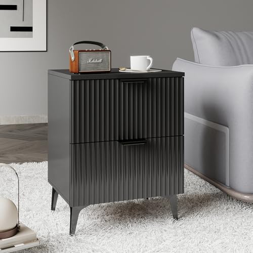 GRAINLLE Wood Night Stand Set 2 Fluted Dresser for Bedroom 2 Drawers End Tables Nightstands Set of 2, Storage Modern Bedside Table Set of 2, Black Nightstand GRAINLLE