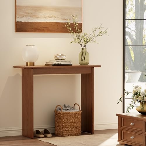 AQIMUELE Walnut Console Table Thin Rubberwood Minimalist Mid-Century Style | Stable and Sturdy 39.4" W x 11.8" D x 31.5" H for Entryway/Sofa Back AQIMUELE