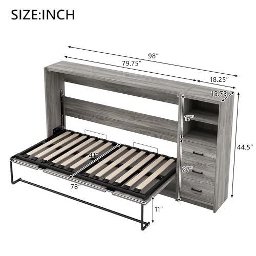 SOFTSEA Twin Horizontal Murphy Bed with Storage, Hideaway Murphy Bed Cabinet with Drawers & LED Light, Farmhouse Hidden Wall Bed Frame Space-Saving for Guest Room Bedroom Office, Grey SOFTSEA