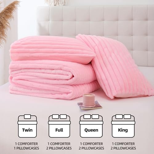 Smoofy Fluffy Queen Comforter Set 3 Pieces - Pink Fleece Fluffy Comforter Set, Luxury Fuzzy Queen Bedding Set, Soft Warm Bed Set All Season, Heavy Faux Fur Comforter with 2 Pillow Cases Smoofy