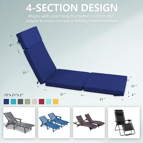 Honorbox 72 x 21 Inch Outdoor Chaise Lounge Cushions Set of 2 - Removable Cover, 4-Section Design, Water-Repellent & Fade-Resistant, 6 Tie Straps, Replacement for Patio & Pool Chairs - Navy