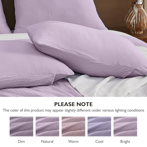 EMME Muslin Cotton Duvet Cover Set Lavender Queen Size Linen Like Soft Breathable Lightweight Summer Comforter Cover Set with Zipper Closure (Lavender, Queen, 90"x90") EMME