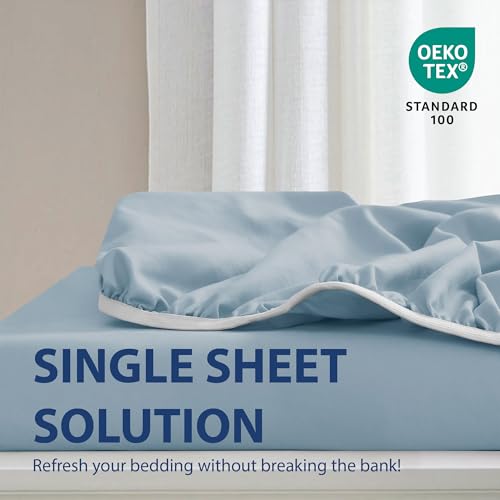Cathay Home Luxury Wrinkle and Fade Resistant Double Brushed Ultra Soft Microfiber 14-Inch Standard Pocket Single Fitted Sheet, Blue Fog, Twin Cathay Home