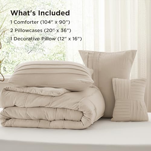 Bedsure King Comforter Set - 4 Pieces Pinch Pleat Bed Set, Linen Boho Bedding for All Season, 1 Soft Comforter, 2 Pillowcases, 1 Decorative Pillow Bedsure
