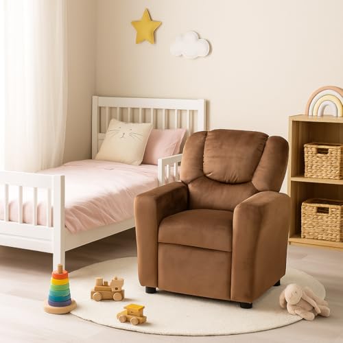 Naomi Home Suri Kids Recliner Chair with Cup Holder & Footrest, Brown Microfiber - Cozy Lounge for Toddlers & Children Naomi Home