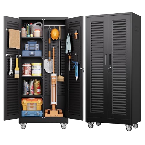 Aobabo Lockable Metal Storage Cabinet with 4 Adjuatable Shelves,Garage Storage Cabinet with Wheels and 5 Remove Pegboard,Required Assembly,Black,70.87''H*31.5''W*15.75''D Aobabo