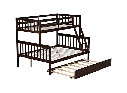 PVWIIK Twin Over Full Bunk Bed with Trundle & Ladder & Safety Guardrail,Convertible to 2 Separated Bed for Kids Adults Teens Bedroom Dormitory,Solid Wood Bunk Bed,Easy Assembly, Espresso PVWIIK