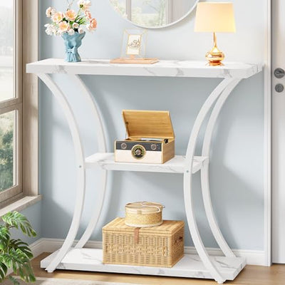 Hoctieon 3 Tier Console Table with Open Wood Shelves, Decorative Entryway Table with Curved Metal Frames, Narrow Sofa Table for Entrance, Living Room, Hallway, White Marbled
