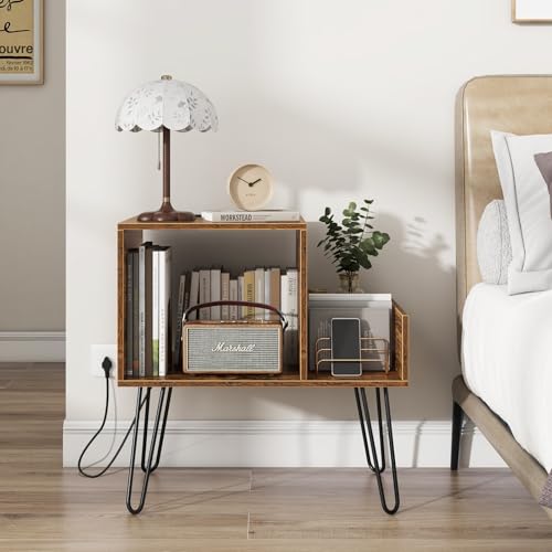 GOFLAME Record Player Stand, Turntable Stand with Charging Station, Vinyl Storage End Table with Metal Legs, Mid-Century Record Player Table for Study, Bedroom, Living Room, Rustic Brown GOFLAME