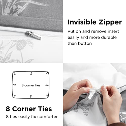 Bedsure Duvet Cover King Size - Reversible Floral Duvet Cover Set with Zipper Closure, 3 Pieces Grey Bedding Set with 8 Corner Ties and 2 Pillowcases 20"x36" Bedsure
