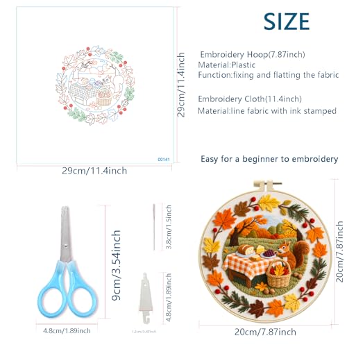 Zhenqing Autumn Picnic Squirrel Embroidery Kit for Beginners - Complete Set with Pre-Printed 29x29cm Cotton Fabric, Hoop, Threads & Tools(C0141)