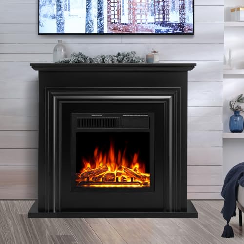 R.W.FLAME Electric Fireplace Mantel Wooden Surround Firebox, 36" Black TV Stand with Freestanding Electric Fireplace,Remote Control, Adjustable Led Flame, 750W/1500w R.W.FLAME