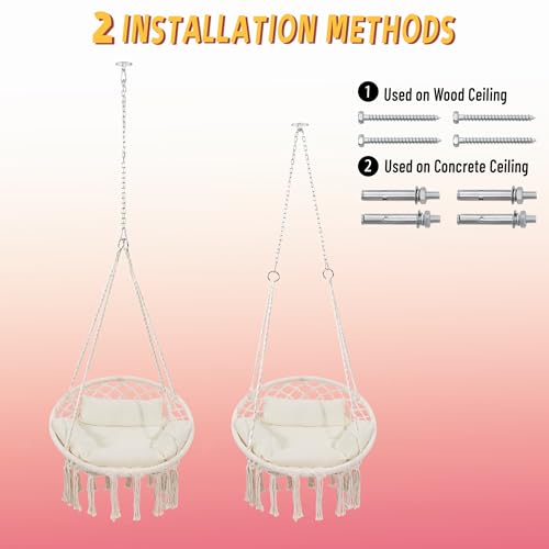 KROFEM Macrame Hammock Hanging Swinging Chair with Medium Cushion, Perfect for Bedroom, Porch, Adults, Balcony, Beige KROFEM