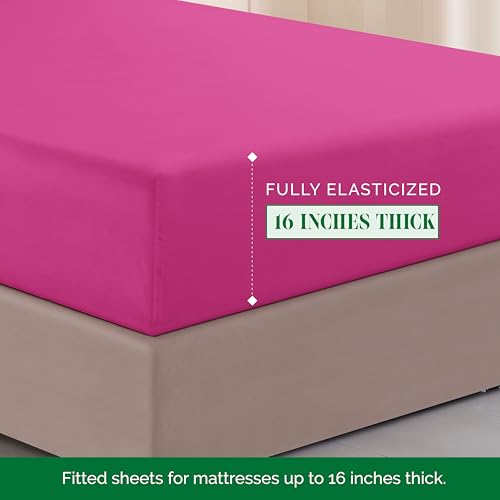 Elegant Comfort Luxurious 1500 Premium Hotel Quality Microfiber Three Line Embroidered Softest 4-Piece Bed Sheet Set, Wrinkle and Fade Resistant, Queen, Hot Pink