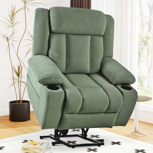 cinkehome Large Power Lift Recliner Chair for Elderly with Extended Footrest, Deep Seat Electric Lift Chairs, Easy Remote, Cup Holders, Side Pocket, Soft Snowflake Fleece, Green