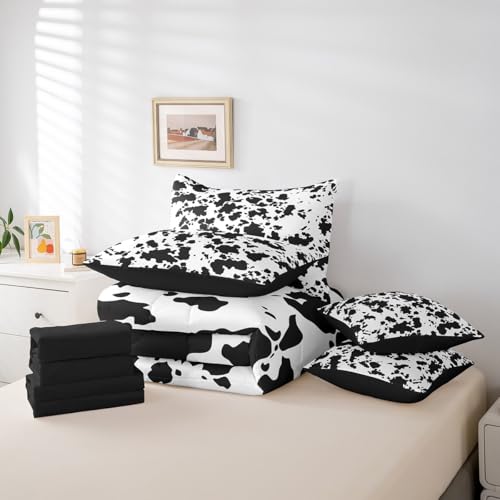 Erosebridal Cow Print 7 Piece Bed in a Bag King,Milk Cow Cattle Bedding Set Bed Sheets for Kids Teens Adults,Wild Animal Farmhouse Comforter Set,Black White Bull Cowhide Sheet Set with Comforter Erosebridal