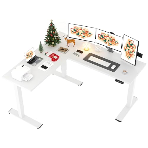 SANODESK L Shaped Standing Desk Adjustable Height, Electric Corner Standing Desk, 71 x 63 inch Sit Stand Computer Table with Splice Board, White SANODESK
