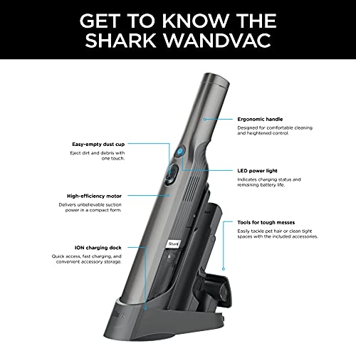 Shark WV201 WANDVAC Handheld Vacuum, Lightweight at 1.4 Pounds with Powerful Suction, Charging Dock, Single Touch Empty and Detachable Dust Cup,Graphite, Slate Shark